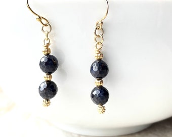Dark Blue Sapphire Earrings Gold Faceted Gemstone Earrings September Birthstone Birthday Gift