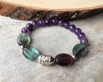 Fluorite and Purple Amethyst Stretch Bracelet, Sterling Silver February Birthstone Bracelet Birthday Gift