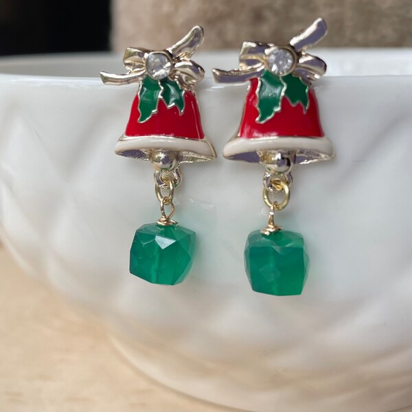 Holiday Bell Earrings Green Onyx Christmas Bells Gold Push Back Earrings Secret Santa Gift