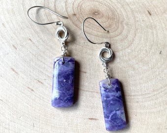 Natural Mexican Opal Earrings Long Purple Rectangle Gemstone Sterling Silver Earrings