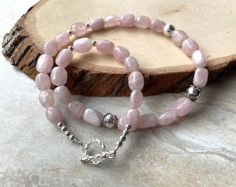 Rose Quartz Beaded Necklace, Sterling Silver and Pink Gemstones, Chunky Fashion Necklace, One of a Kind Gift for Her