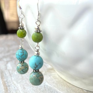 Turquoise and Jasper Boho Dangle Earrings, Southwest Earrings, Sterling Silver