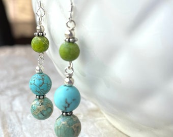 Turquoise and Jasper Boho Dangle Earrings, Southwest Earrings, Sterling Silver