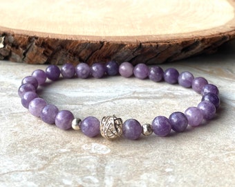 Lepidolite Beaded Stretch Bracelet, Lavender Sterling Silver Bracelet, Round Gemstones