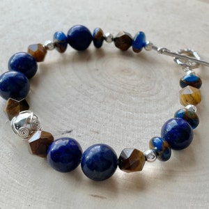 Lapis and Tiger Eye Bracelet Blue Gemstone and Sterling Silver Toggle Clasp Jasper Cloisonné image 7