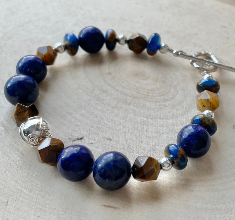 Lapis and Tiger Eye Bracelet Blue Gemstone and Sterling Silver Toggle Clasp Jasper Cloisonné image 7