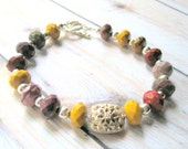 Gemstone Bracelet - Mookaite Beaded Bracelet - Mustard and Burgundy - Silver and Mookaite