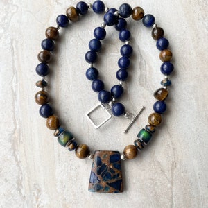 Lapis and Tiger Eye Necklace Earrings Set Jasper Cloisonné Trapezoid Pendant Toggle Clasp Matching Jewelry image 5