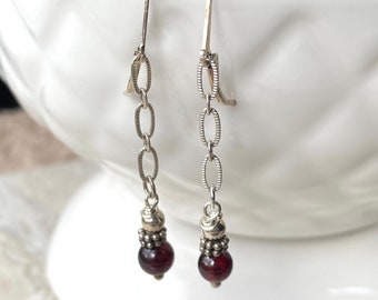 Long Red Garnet Earrings, January birthstone, Sterling Silver Minimalist Earrings