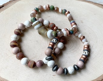 Gemstone African Glass Stretch Bracelets, Set of Three, Brown Neutral Tone Bracelets Unisex