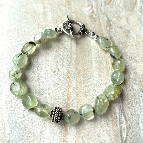 RESERVED for Carla. Dainty Prehnite and Sterling Silver Gemstone Bracelet Nugget Beads Toggle Clasp