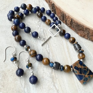Lapis and Tiger Eye Necklace Earrings Set Jasper Cloisonné Trapezoid Pendant Toggle Clasp Matching Jewelry image 1