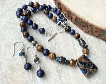 Lapis and Tiger Eye Necklace Earrings Set Jasper Cloisonné Trapezoid Pendant Toggle Clasp Matching Jewelry