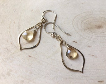 Long Yellow Quartz Dangle Earrings, Modern Hoop Earrings, Sterling Silver, Special Occasion Gift