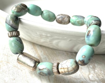 Natural Dragon Skin Agate Bracelet, Aqua Blue Tubular Gemstones, Beaded Stretch Gemstone Bracelet