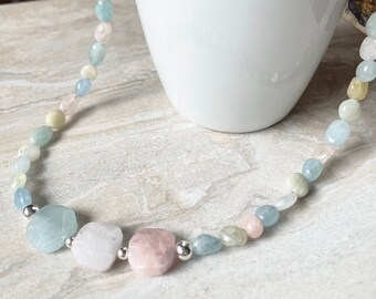 Natural Morganite Gemstone Necklace Multi Color Nuggets Sterling Silver Lobster Claw Clasp Pastel Colors