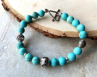 Matte Turquoise Beaded Bracelet with Sterling Silver Toggle Clasp, Blue Gemstone Southwestern Jewelry, One of a Kind Gift