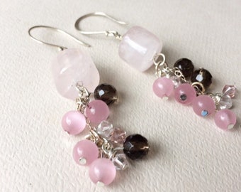 Rose Quartz Cluster Earrings, Pink and Brown Smokey Quartz