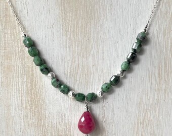 Ruby Zoisite and Natural Ruby Gemstone Necklace Sterling Silver Chain Genuine Ruby Pendant