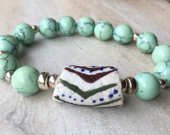 Chinese Turquoise African Glass and Sterling Silver Stackable Stretch Bracelet