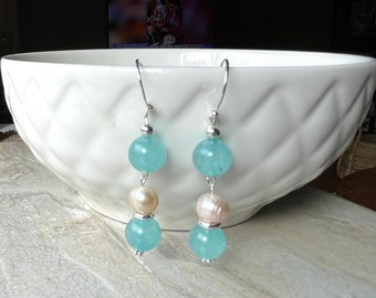 Blue Gemstone and Pearl Earrings, Long Round Beaded Earrings, Sterling Silver