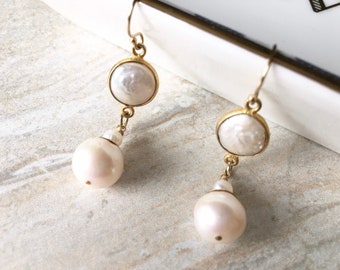 Fancy Freshwater Pearl Gold Fill Earrings, Natural Coin Pearls in Gold Vermeil Setting, Destination Wedding Jewelry