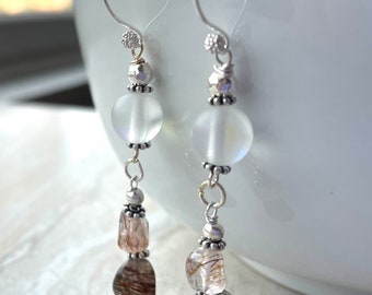 Copper Rutile Quartz Nugget Earrings Long Gemstone Sterling Silver Earrings Modern Dangle