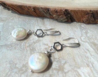 Pearl Earrings, Sterling Silver Freshwater Pearl Earrings, White Coin Pearls