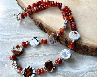 Rustic Agate Carnilian Necklace, Coin Beads, Casual Gemstone Brown Red Beaded Necklace