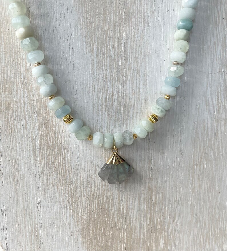 Aquamarine Gold Beaded Necklace Labradorite Fan Pendant Gemstone Statement Necklace image 3