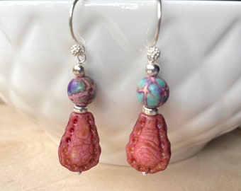 Rustic Pink Lacy Picasso Czech Glass Earrings, Sea Sediment Jasper Round Gemstones Sterling Silver