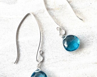 Long Caribbean Blue Quartz Earrings, Sterling Silver and Gemstone Minimalist Earrings