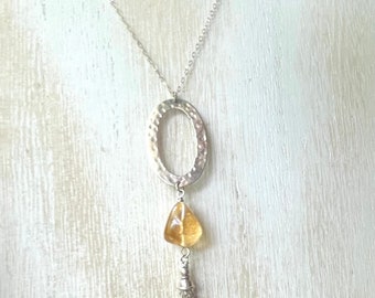 Long Citrine Silver Tassel Necklace, Hammered Sterling Silver Oval Pendant, Cable Chain