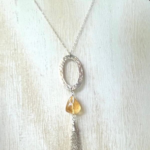 Long Citrine Silver Tassel Necklace, Hammered Sterling Silver Oval Pendant, Cable Chain