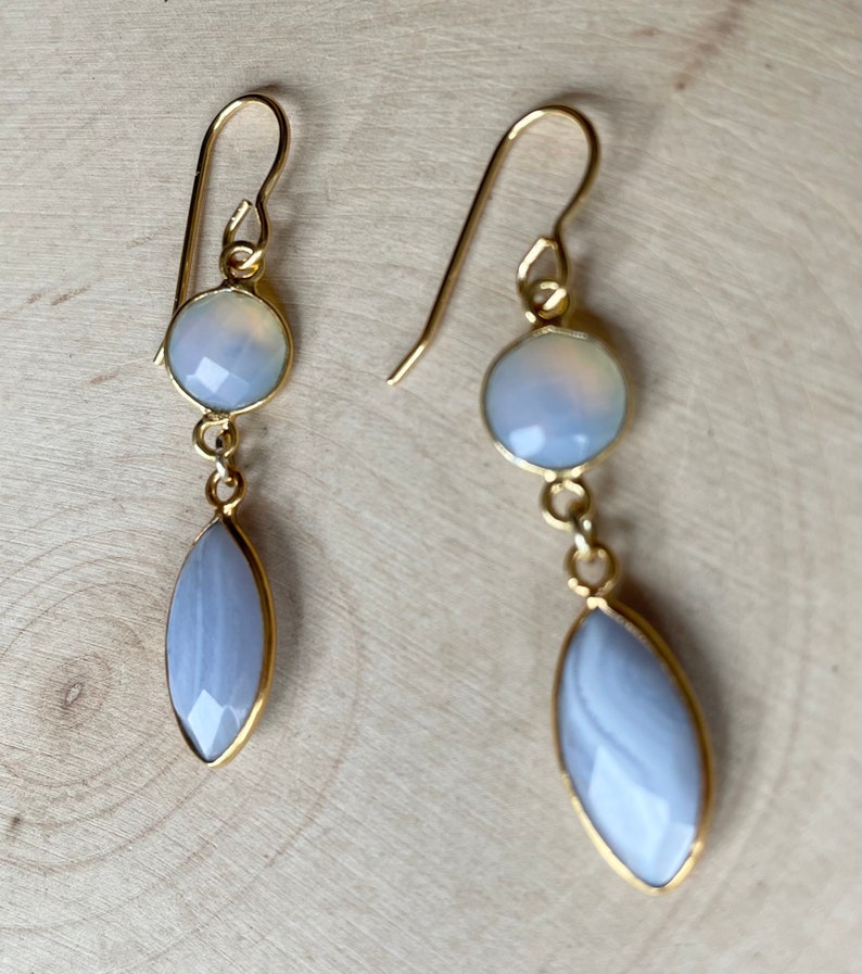 Fancy Blue Lace Agate Marquis Earrings Gold Plated Dangle Earrings image 6