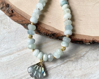 Aquamarine Gold Beaded Necklace Labradorite Fan Pendant Gemstone Statement Necklace