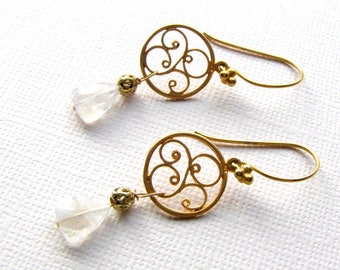 Fancy Gold Moonstone Filigree Earrings, Dainty Triangle Gemstones Anniversary Gift for Special Someone