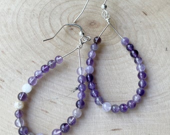Flower Amethyst Long Hoop Earrings Sterling Silver Purple Gemstone Earrings Boho Style