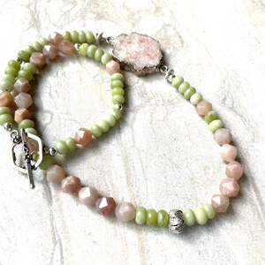 Jade and Sunstone Gemstone Necklace, Taiwan Green Jade Sterling Silver Citrus Beaded Necklace