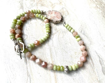 Jade and Sunstone Gemstone Necklace, Taiwan Green Jade Sterling Silver Citrus Beaded Necklace