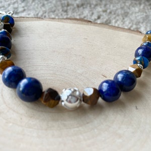 Lapis and Tiger Eye Bracelet Blue Gemstone and Sterling Silver Toggle Clasp Jasper Cloisonné image 5