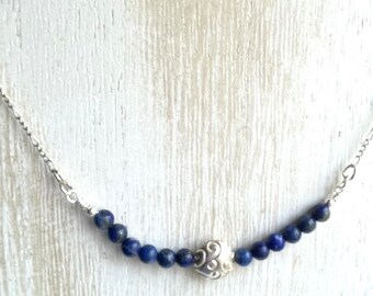 Lapis Bar Necklace, Blue Gemstones, Sterling Silver Chain Necklace, Gift for Her