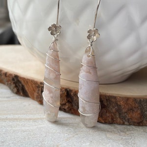 Long Cherry Blossom Agate Earrings, Bold Gemstone Earrings, Pastel Pink Sterling Silver image 1