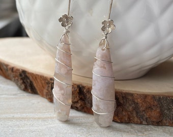 Long Cherry Blossom Agate Earrings, Bold Gemstone Earrings, Pastel Pink Sterling Silver