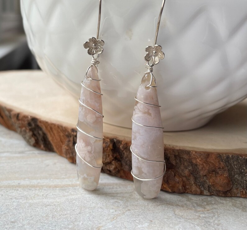 Long Cherry Blossom Agate Earrings, Bold Gemstone Earrings, Pastel Pink Sterling Silver image 1