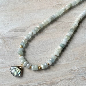 Aquamarine Gold Beaded Necklace Labradorite Fan Pendant Gemstone Statement Necklace image 6