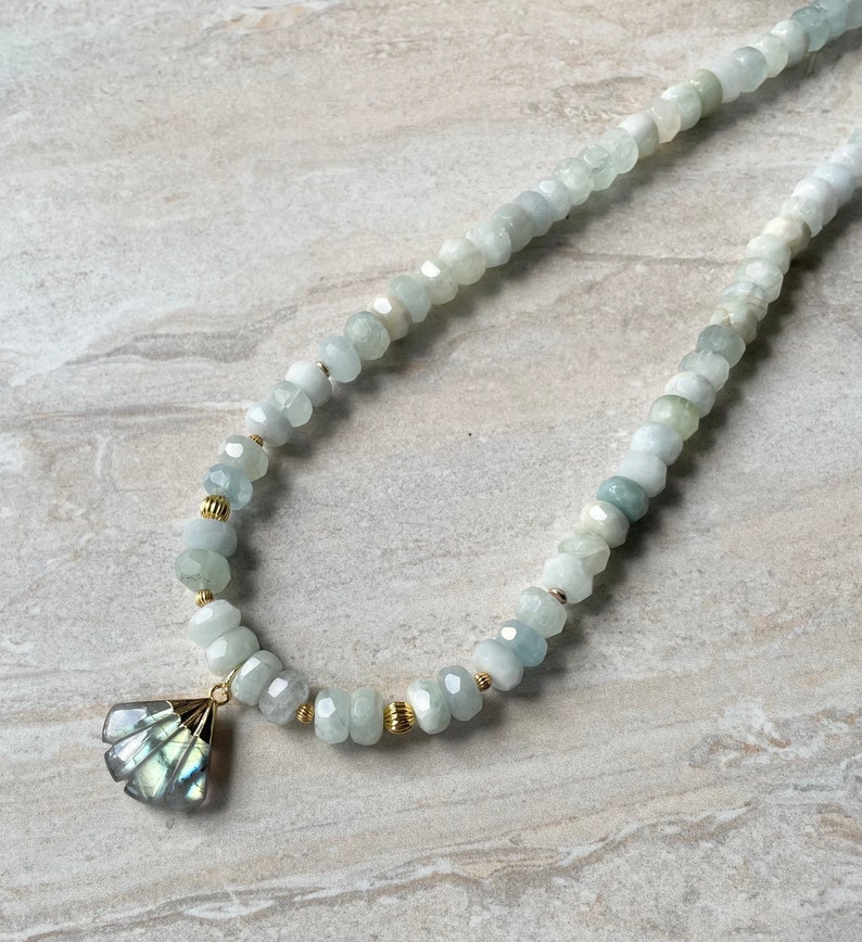 Aquamarine Gold Beaded Necklace Labradorite Fan Pendant Gemstone Statement Necklace image 6