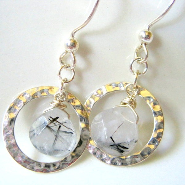 Rutilated Quartz Hoop Earrings - Sterling Silver Hammered -  Minimalist - Semi Precious Stone