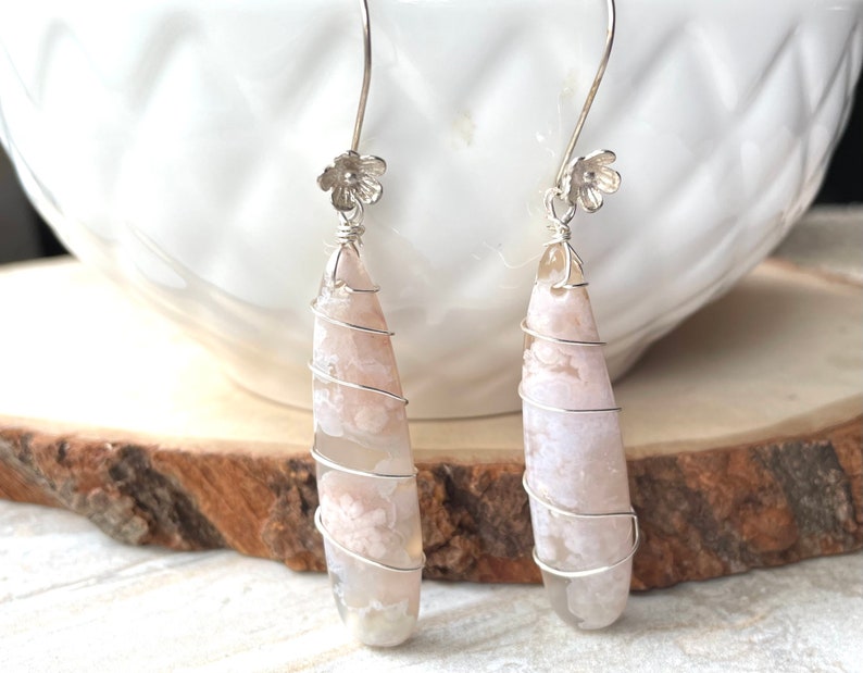 Long Cherry Blossom Agate Earrings, Bold Gemstone Earrings, Pastel Pink Sterling Silver image 5