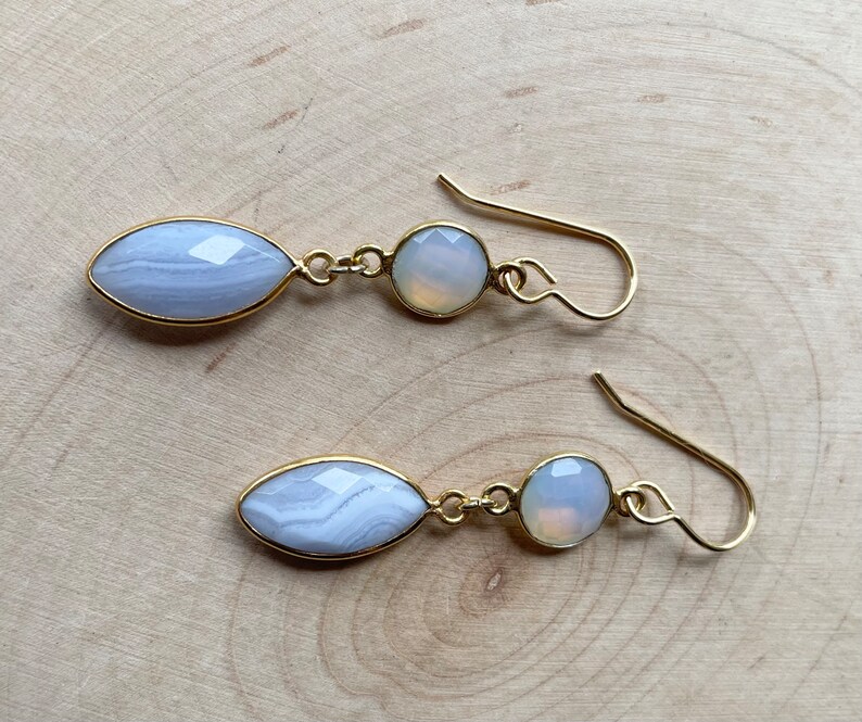 Fancy Blue Lace Agate Marquis Earrings Gold Plated Dangle Earrings image 9